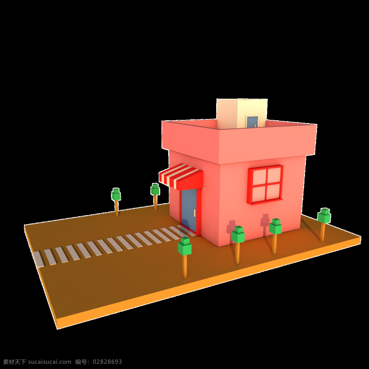 c4d 粉红色 d 房子 商用 元素 绿树 2.5d c4d源文件 房上房