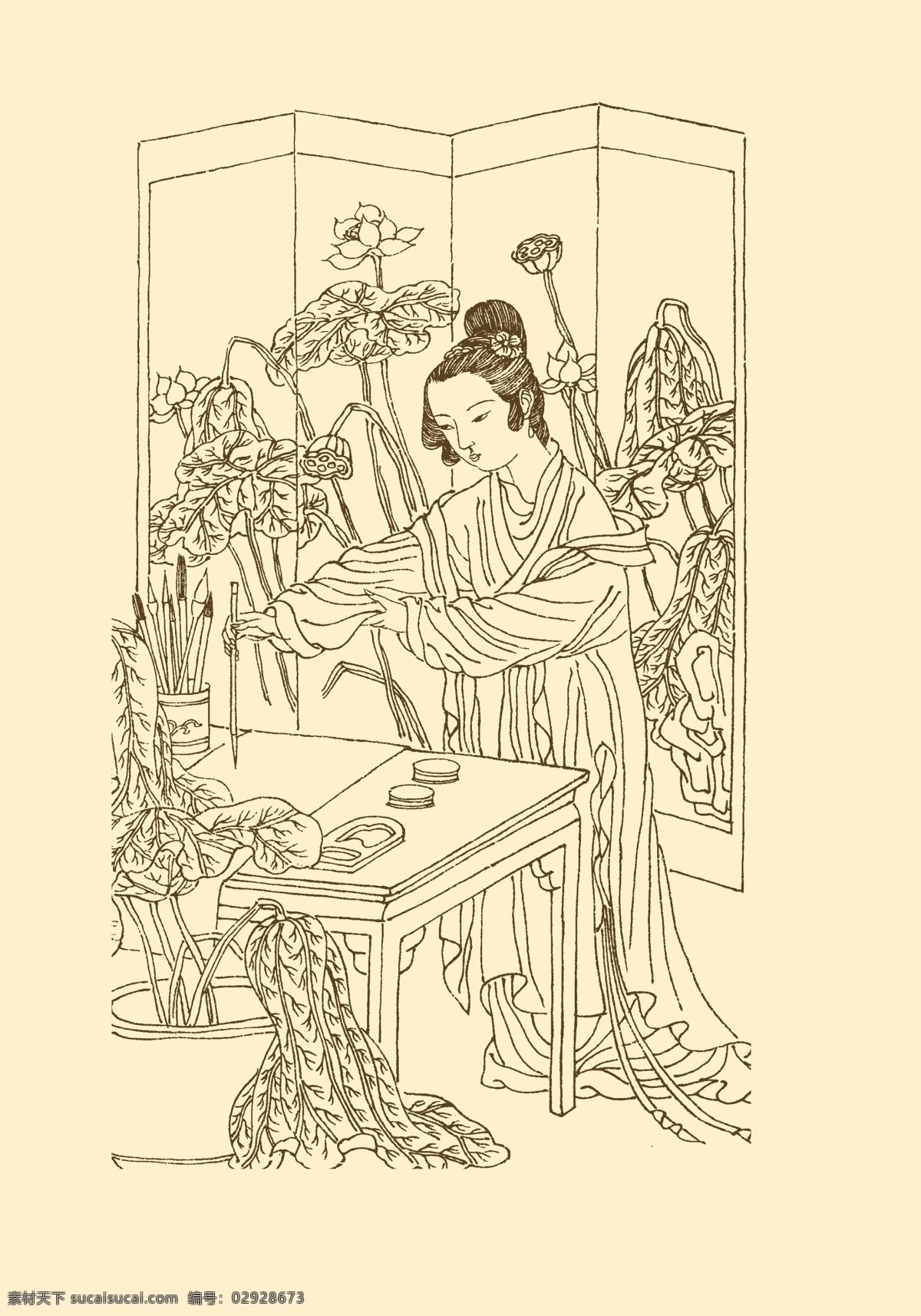 仕女 仕女线描 侍女 白描 线描 国画 中国画 人物 女性 屏风 分层 源文件