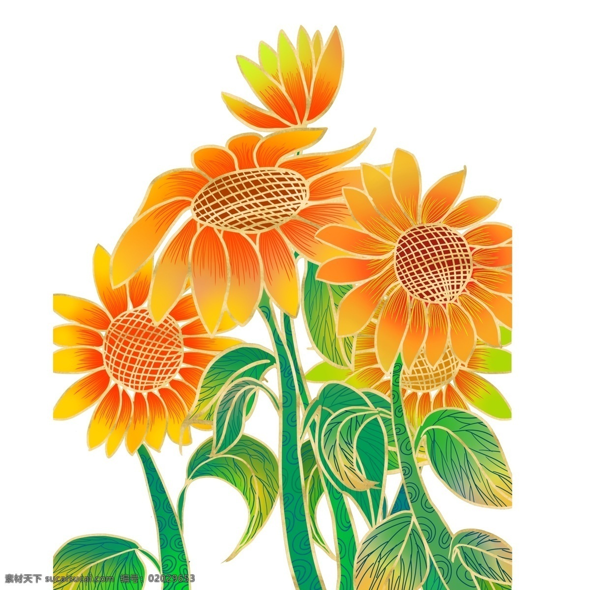 复古 彩绘 向日葵 流光溢彩 商用 元素 插画 植物 花卉 复古写实 手绘