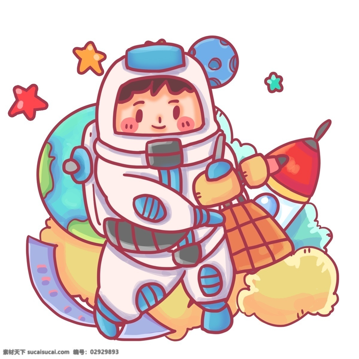 正在 维修 卫星 宇航员 修理 飞行器 宇宙 梦幻 马卡龙色 可爱 萌 卡通 彩色星星 星球 幻想 陨石 星辰 箭头