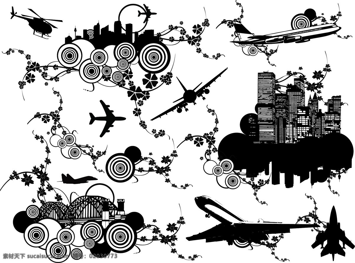 城市 飞机免费下载 ai原文件 成品 大桥 飞机 高楼大厦 黑白矢量图 花纹 剪纸 效果图 战斗机 矢量 圆 直升飞机