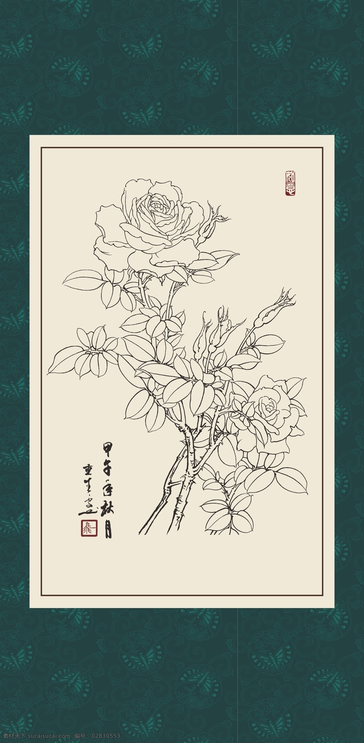 白描 线描 绘画 手绘 国画 印章 植物 花卉 工笔 gx150097 白描月季 玫瑰 文化艺术 绘画书法
