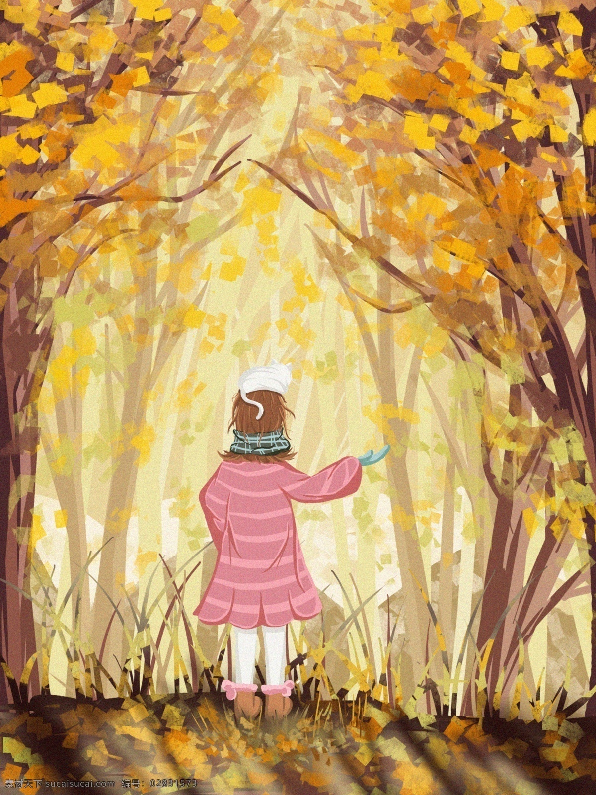 冬日 行走 树林 中 少女 治愈 插画 女孩 猫 渐变 清新 冬日物语 枯叶