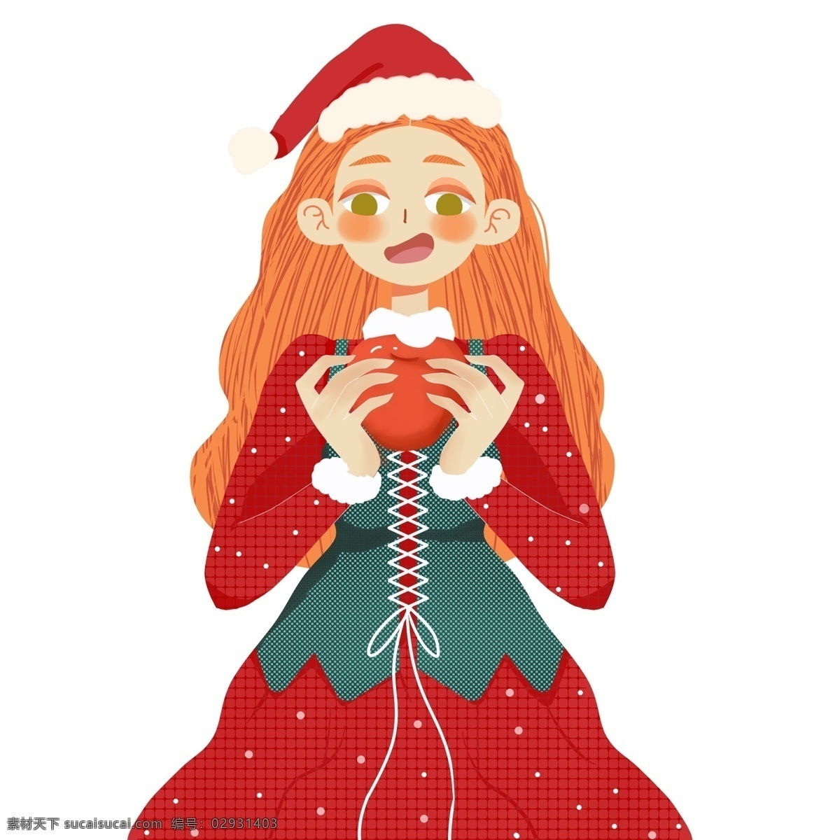 圣诞节 吃 苹果 女孩 手绘 卡通 插画 平安夜 圣诞帽 少女 人物设计
