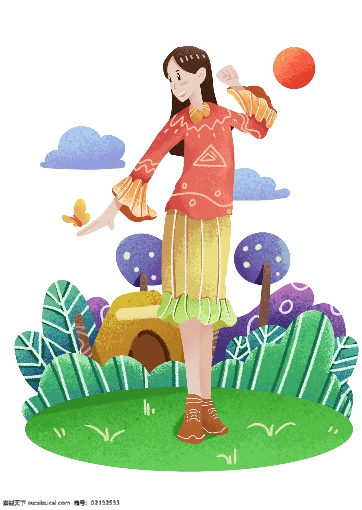 春游 踏青 跳舞 插画 跳舞的女孩 卡通插画 春游插画 踏青插画 旅游郊游 外出游玩 飞舞的蝴蝶