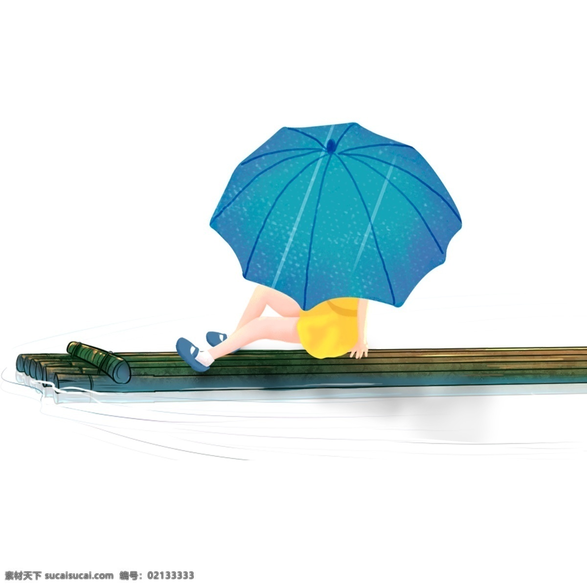 手绘 坐在 竹筏 上 撑 伞 女孩 卡通 清新 泛舟 撑伞 人物 插画
