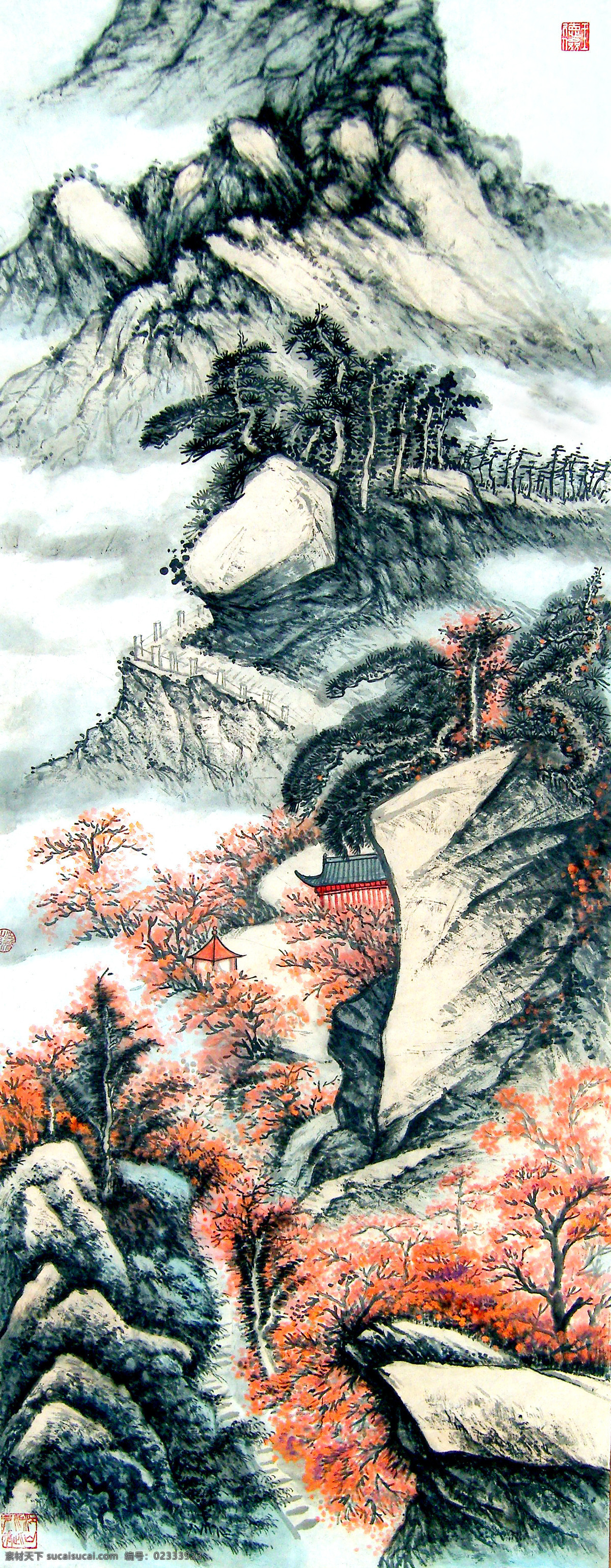 房屋 国画艺术 花木 绘画 绘画书法 美术 山峰 山岭 山花烂漫 中国画 水墨画 亭子 树木 山道 云雾 书法 印章 国画集62 文化艺术 装饰素材 雕刻 图案
