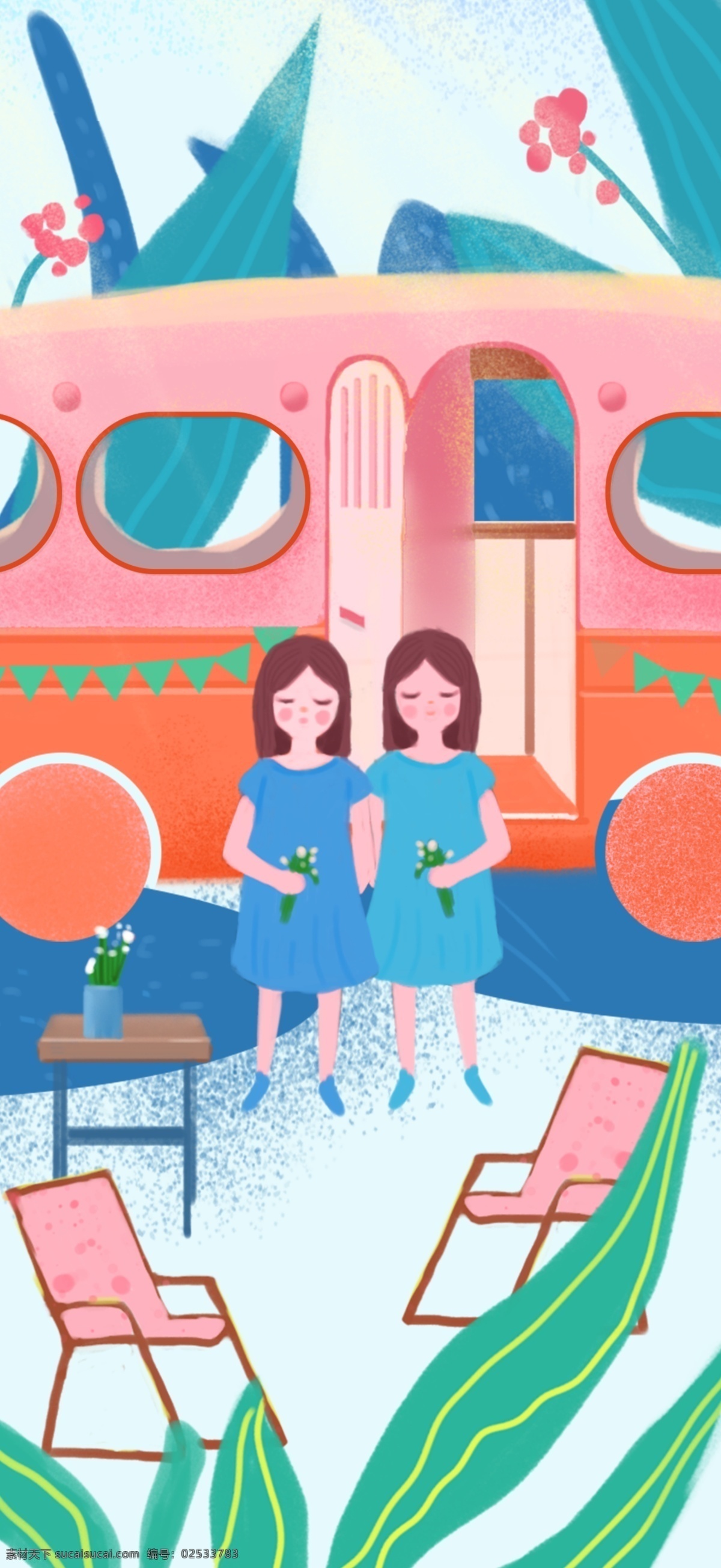 夏季 出游 露营 双胞胎 少女 插画 旅游 小清新 时尚 节气 季节 外出 郊游 旅行 简约 手绘 情感