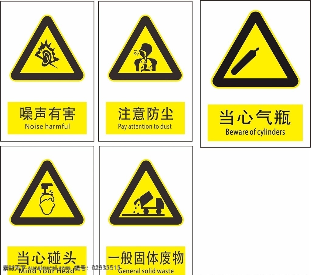 注意防尘 噪声有害 当心 当心碰头 当心气瓶 固体废物 标志图标 公共标识标志