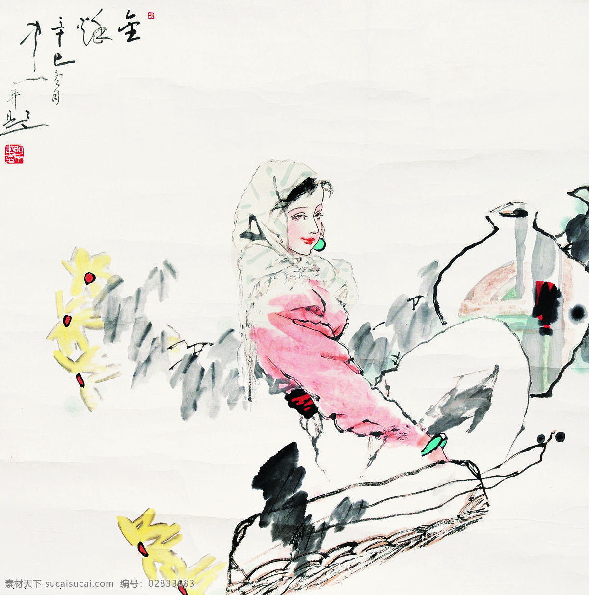 人物 带 头巾 女子 河边 洗衣服 女人 国画方屏 绘画书法 文化艺术