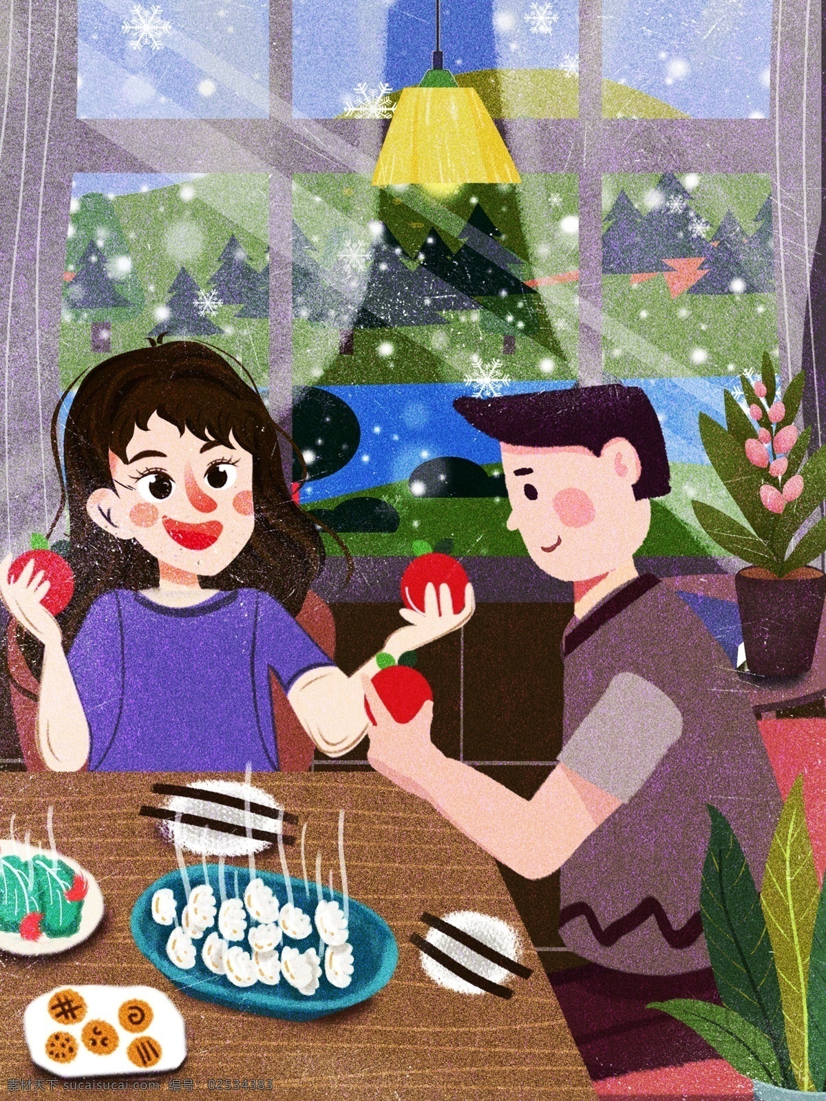 原创 插画 冬日 情侣 吃饭 冬季 冬天 卡通人物 情侣日常 冬季你好 冬天你好 男女 卡通男女 小情侣 温馨