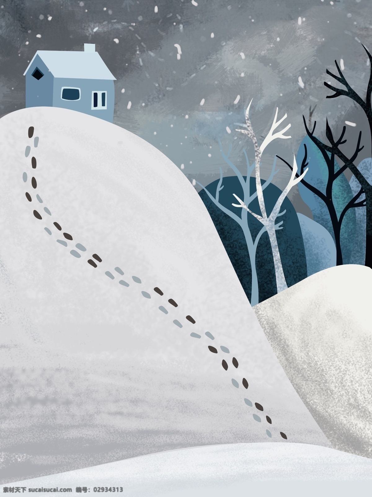 创意 冬天 里 脚印 冬季 背景 树木 背景素材 雪地 冬天快乐 雪人 冬天早晨 广告背景素材