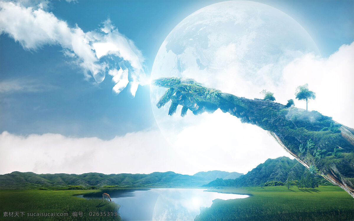 和谐 大自然 草 光芒 魔幻 山 手 树 握手 想象 自然 云 水 月球 风景 生活 旅游餐饮