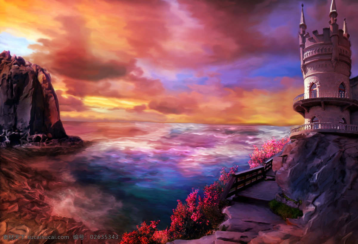 绚丽 油画 景色 城堡 风光图片 风景图片 海边景色 海洋 美丽风景 天空 风光图片设计 油画景色 古城堡 美丽风光 风光 专辑 装饰素材