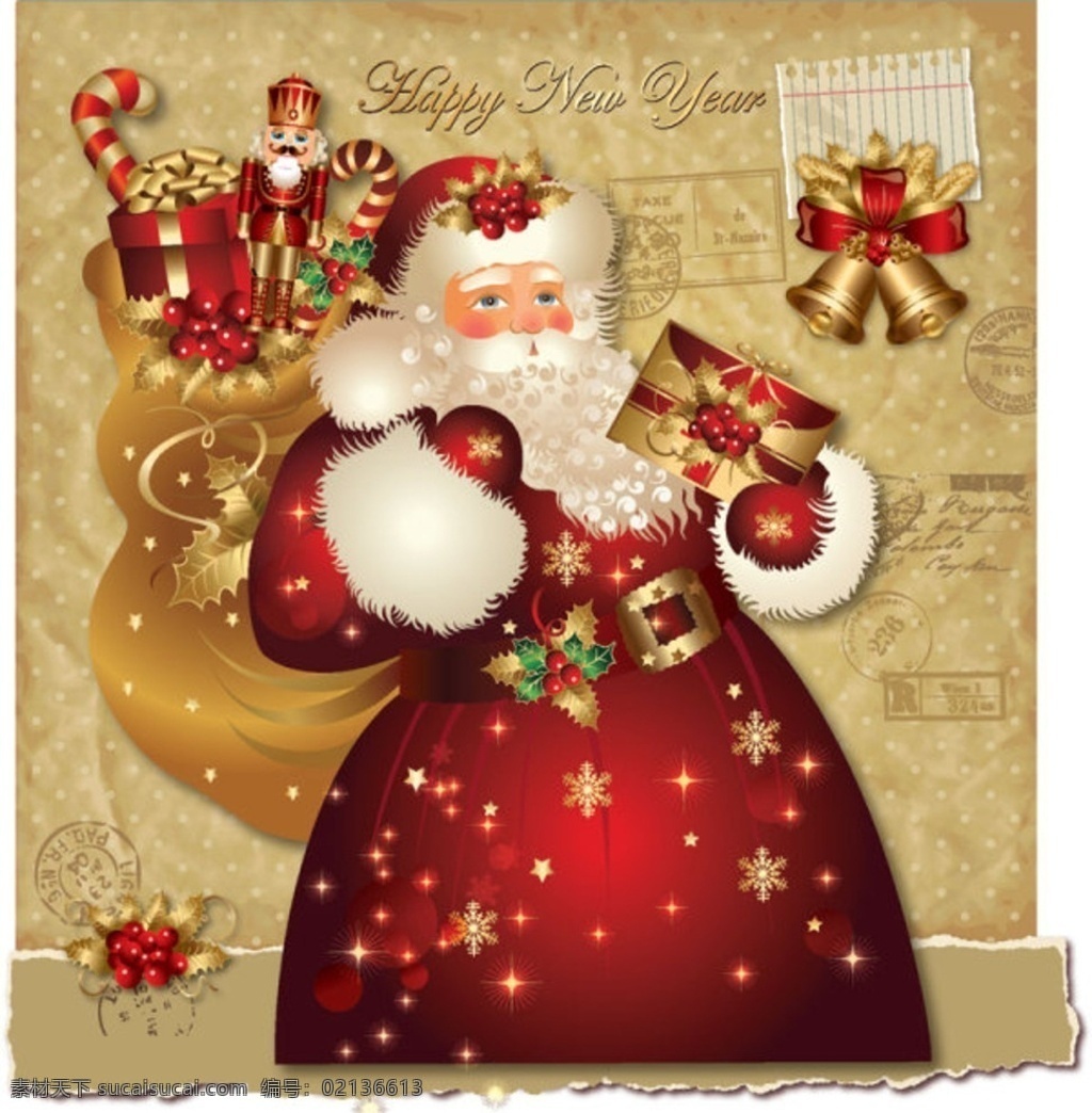 精美 圣诞节 贺卡 精美圣诞贺卡 精美圣诞节 圣诞老人 机器人 圣诞背景 红果 邮戳 铃铛 礼物 礼盒 拐棍 矢量素材 eps格式 包装