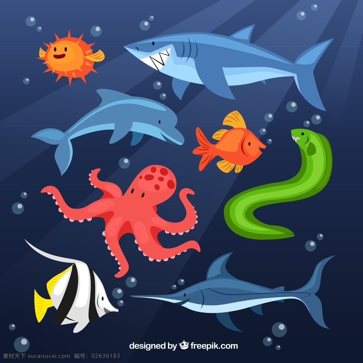 卡通海洋动物 河豚 鲨鱼 鲸鱼 海鳗 章鱼 青枪鱼 热带鱼 鱼 海洋动物 大海 海豚 平面素材
