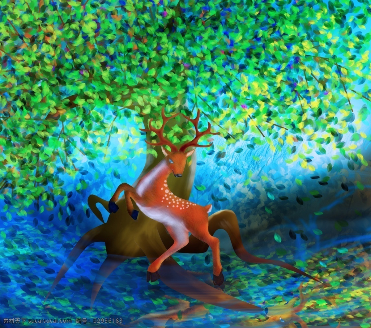 水彩 风格 森林 装饰画 鹿 护眼 蓝色 绿色 境 色彩 画芯