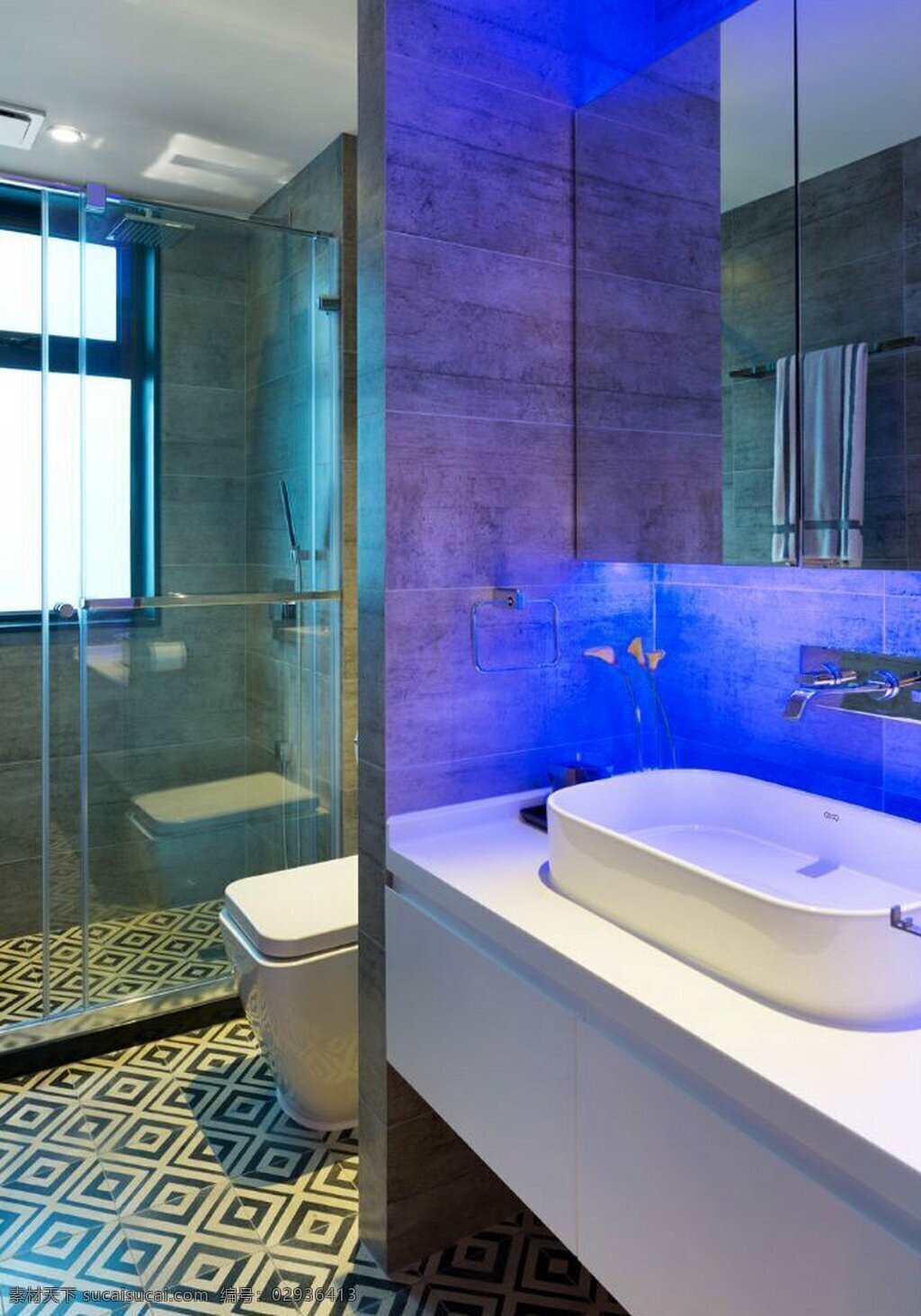现代 简约 浴室 蓝色 背景 墙 室内装修 效果图 深色格子地板 白色洗手台 卫生间装修 玻璃隔断