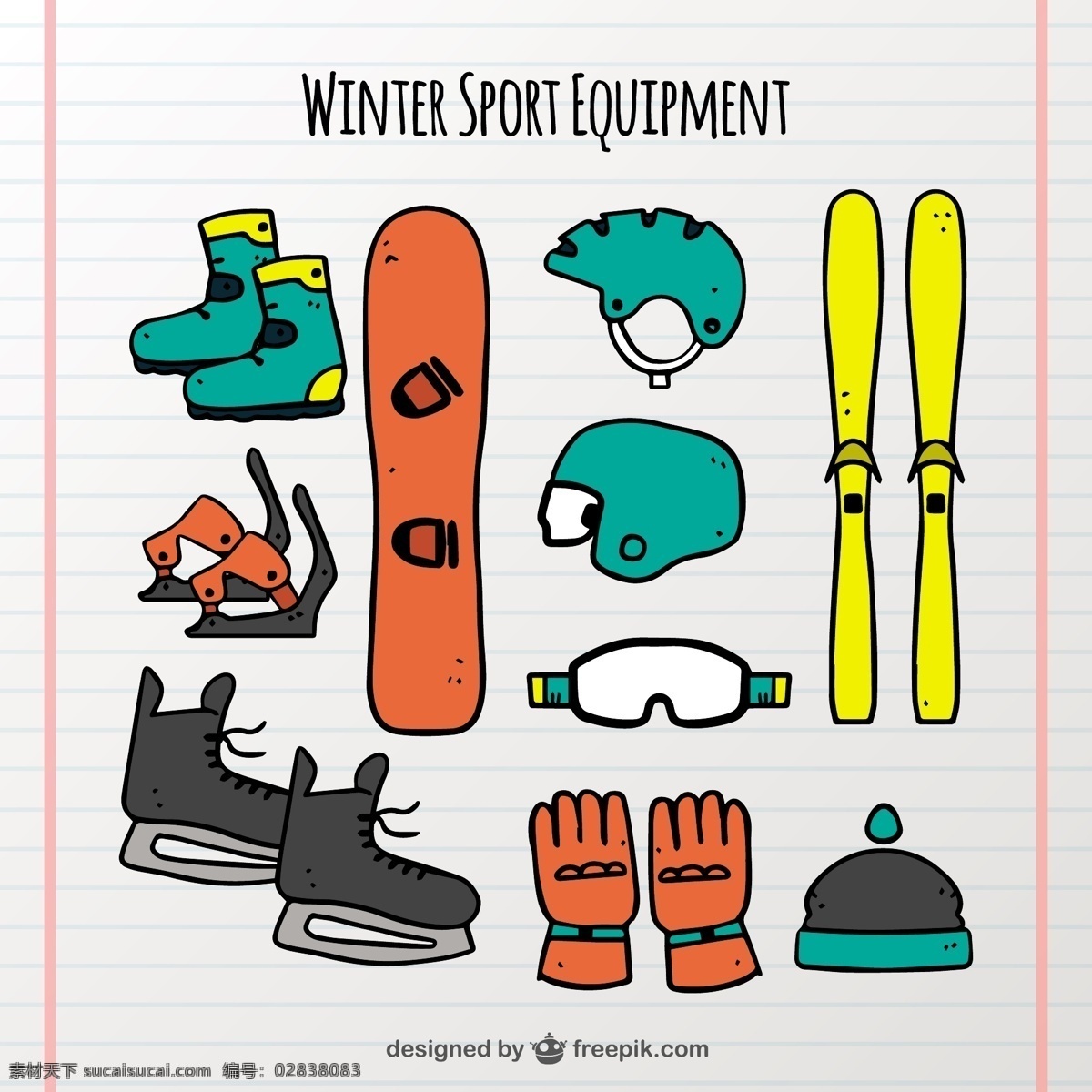 手绘 冬季 运动器材 集 一方面 运动 健身 冬天 体育 帽子 绘画 头盔 训练 冷 滑雪 生活方式 靴子 手套 健康 画的季节
