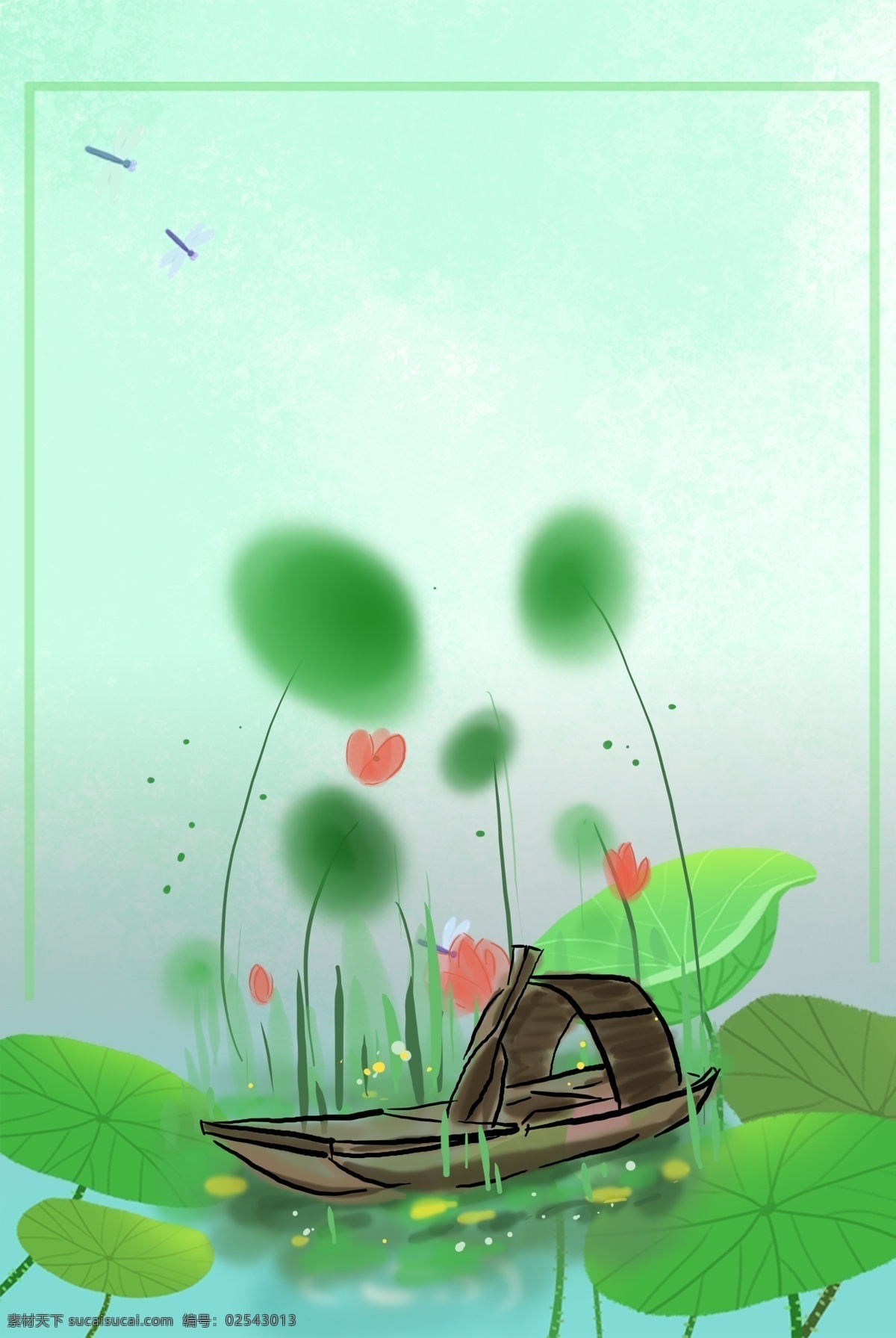 中国 水墨 乌篷船 荷塘 背景 中国水墨 传统 古风 国画 夏天 夏季 手绘 植物 船只 荷叶