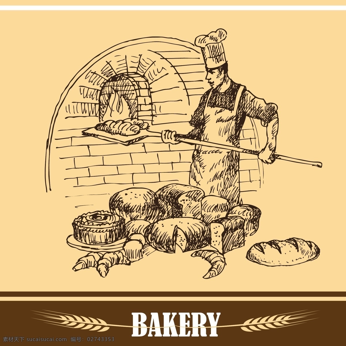 面包厨师插画 古典插画 面包插画 矢量插画 厨师 面点师 餐饮美食 生活百科 矢量素材 白色