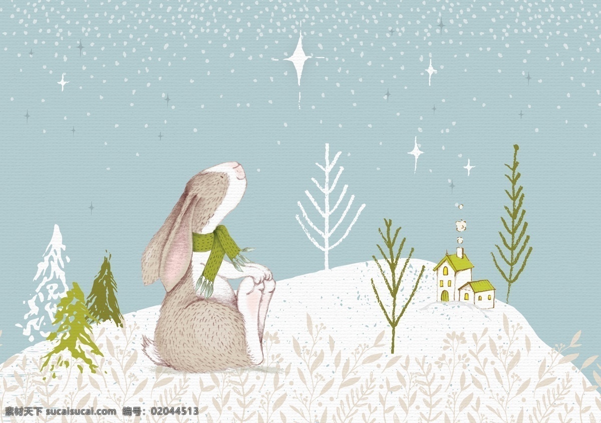 童话 世界 小 兔子 源文件 蓝色 星星 松树 房屋 装饰图案