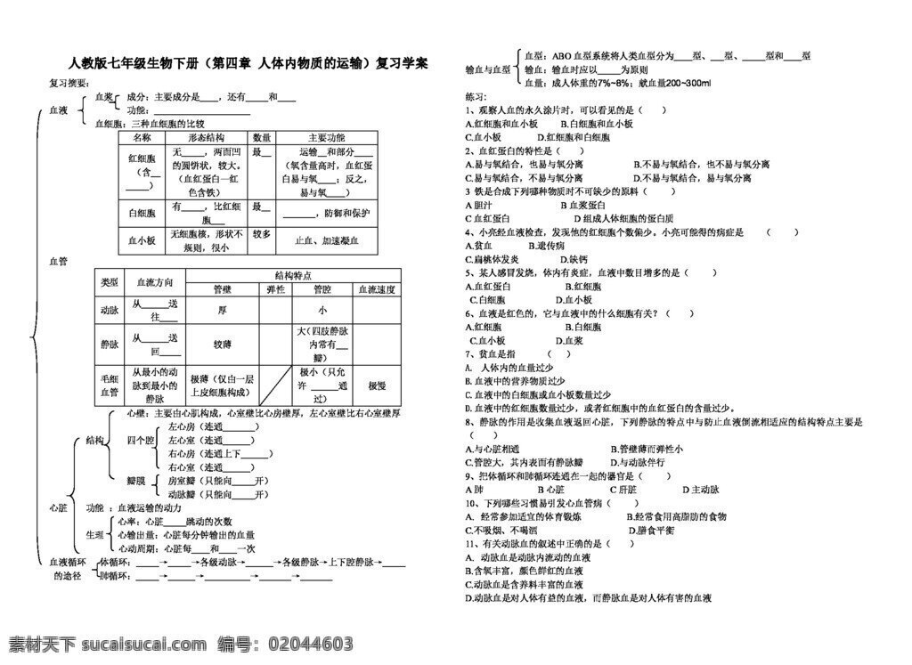 七 年级 下册 生物 人教 版 七下 复习 学 案 七年级下册 人教版 学案