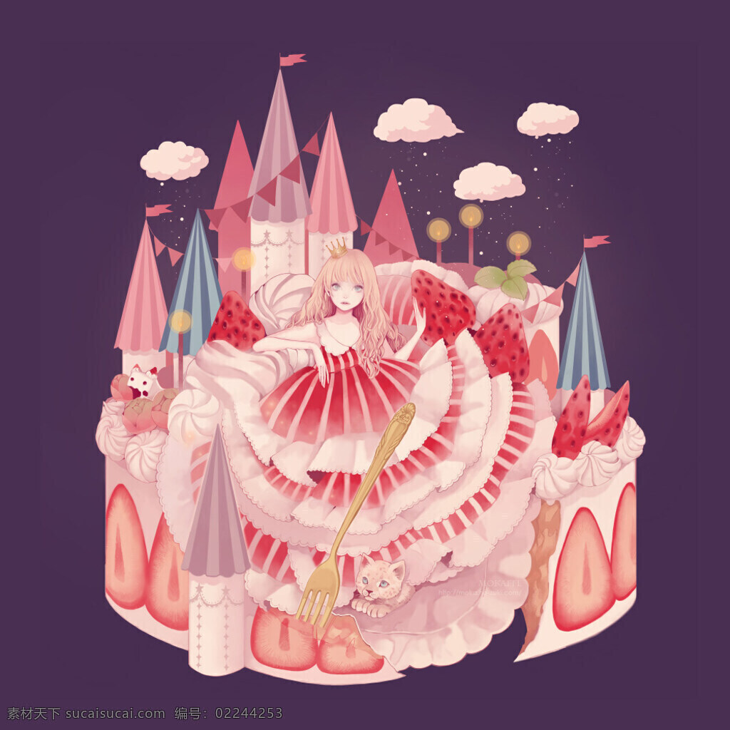 蛋糕 女孩 插画 城堡 大师 动漫动画 粉色 蛋糕女孩 云朵 插画集