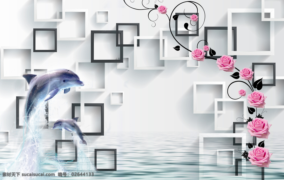 3d 立体 海豚 方框 背景 墙 背景墙 3d渲染 效果图