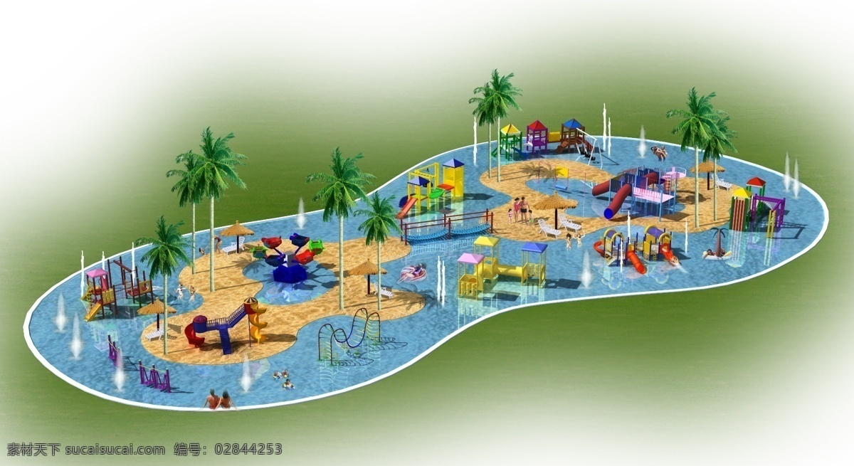 欢乐岛 椰子树 喷泉 人物 水面 水池 沙地 娱乐器材 椅子 小屋 园林建筑小品 景观设计 环境设计 源文件