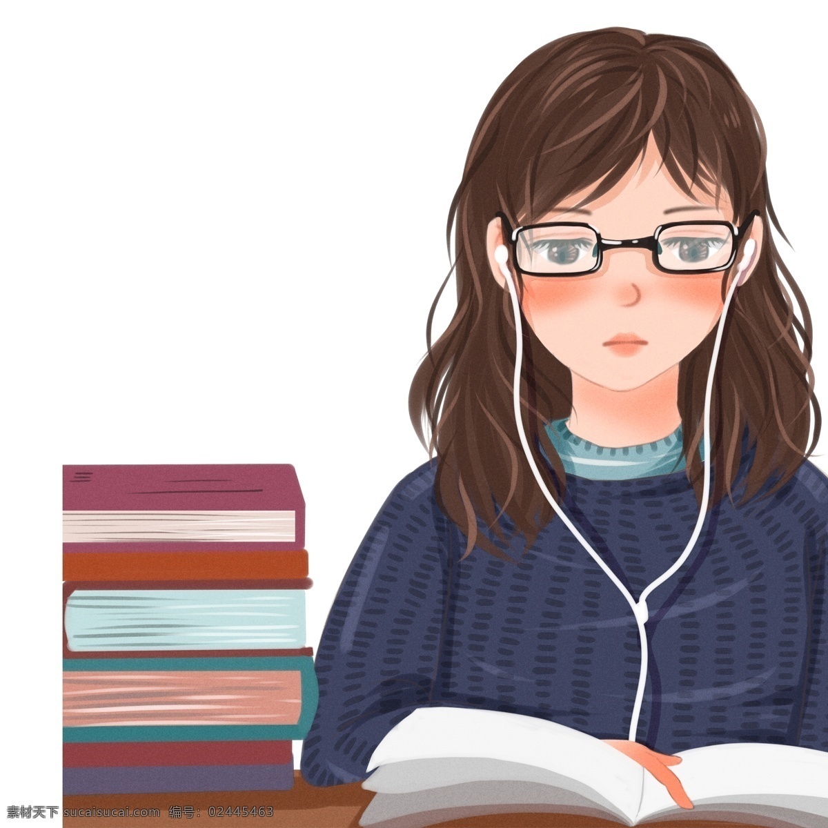 考研 复习 女孩 人物 卡通 漫画 创意 学习 插画 看书 听音乐