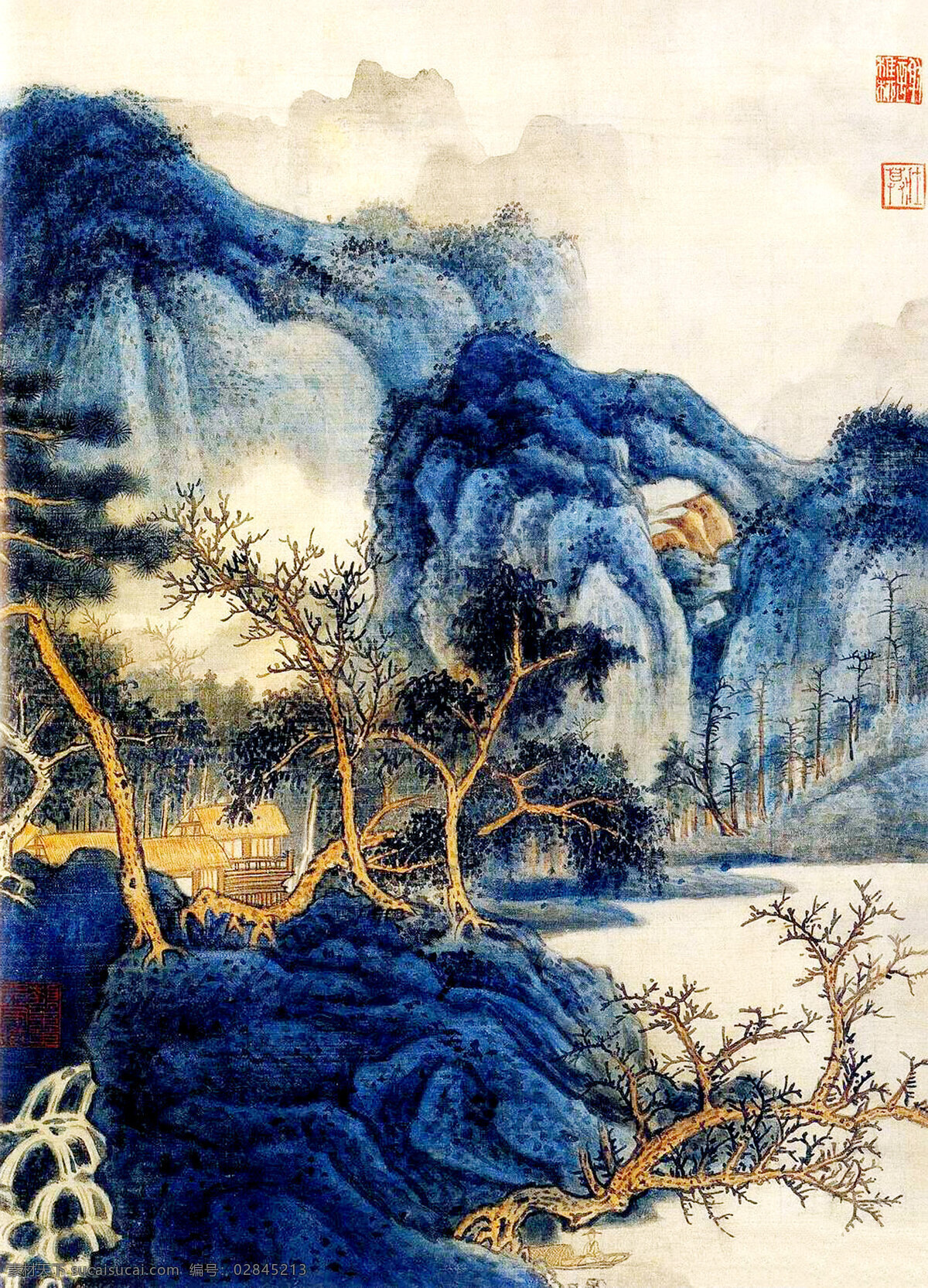 彩墨画 草房 船只 房屋 国画艺术 绘画 绘画书法 江水 山居图 美术 中国画 山水画 山岭 山野 云雾 溪流 瀑布 渔翁 树木 山道 书法 印章 国画集21 文化艺术 家居装饰素材 雕刻 图案