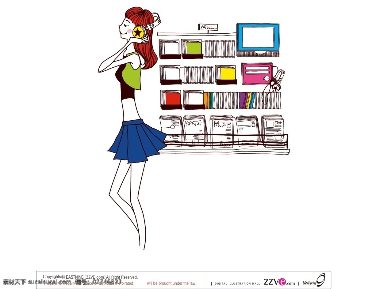 简单 绘画 女性 矢量 cd 耳机 听歌 fruitbox 矢量图 其他矢量图