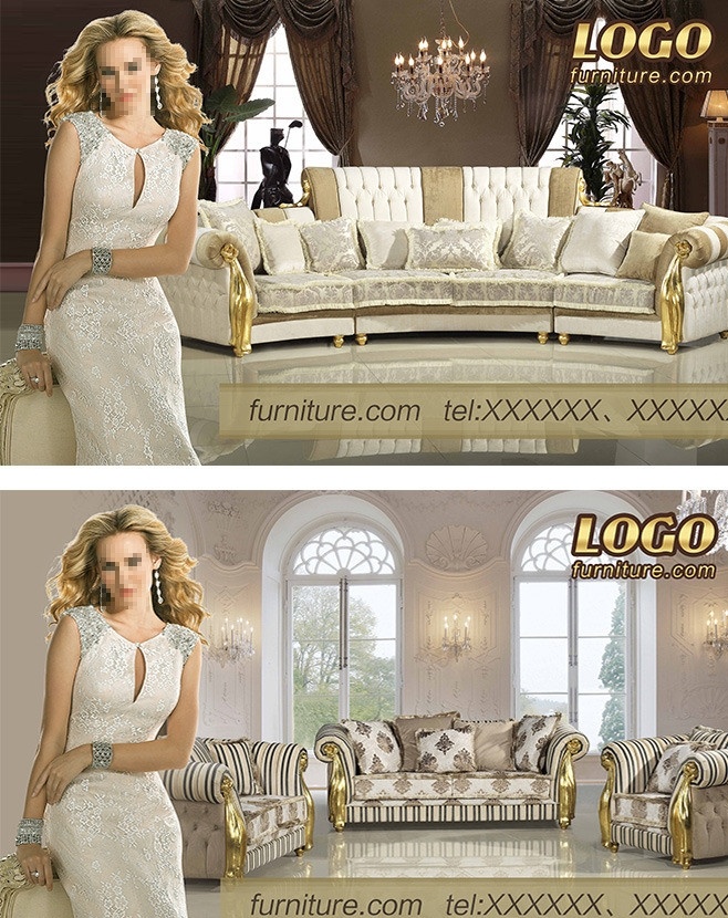欧式沙发广告 欧式古典沙发 出口沙发 宫廷沙发 沙发广告画 金发美女 外国美女 白色晚装祒 白色礼服 广告画 分层 源文件
