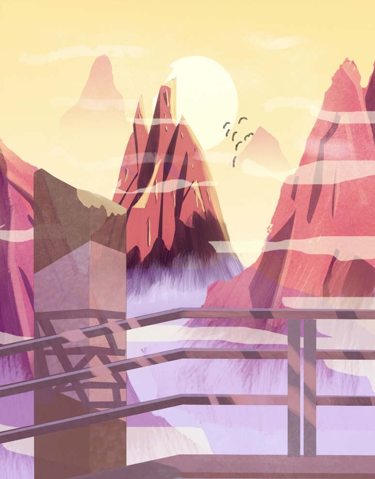 插画 山水 风景 远景 挂画 大山风景 自然景观 自然风光