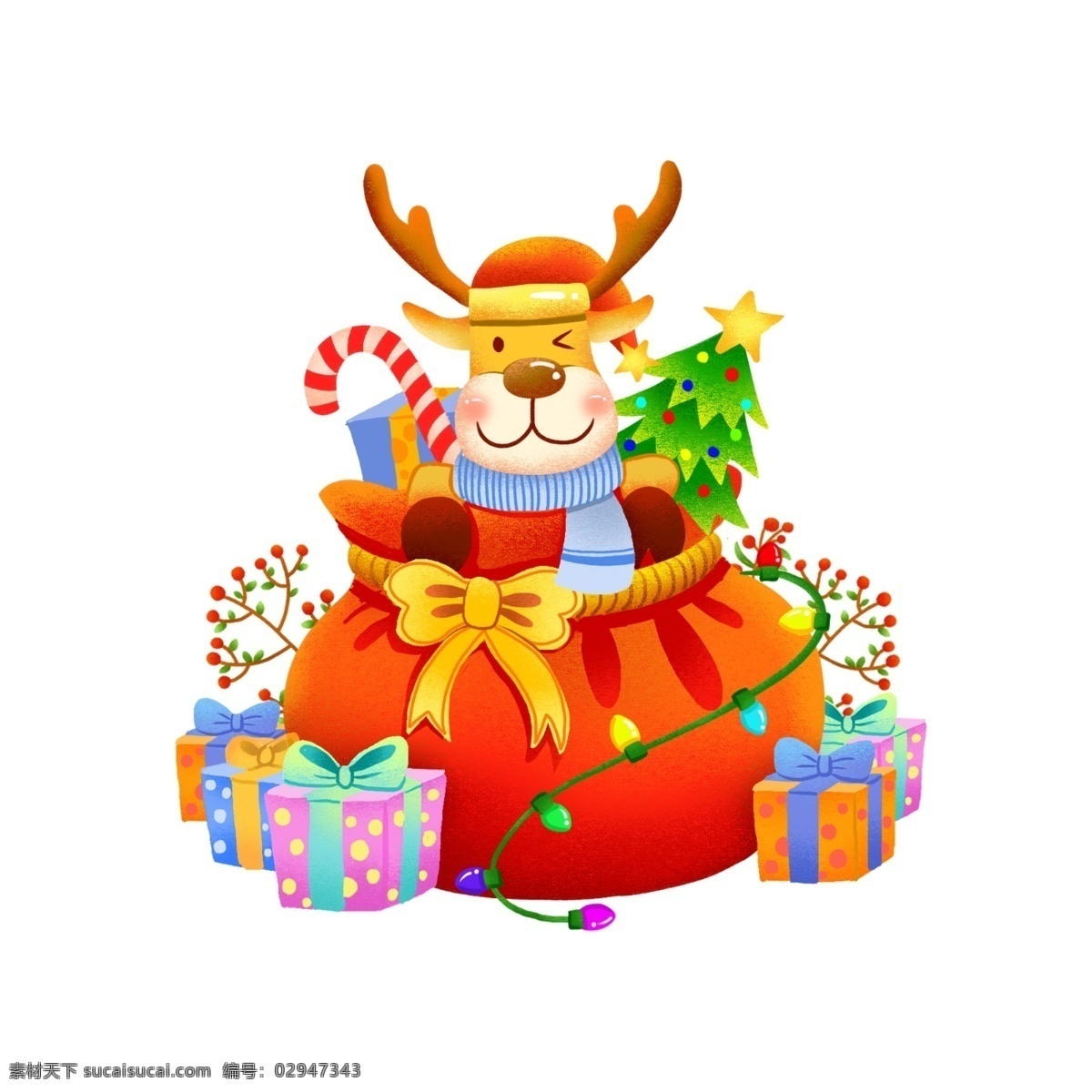 手绘 圣诞节 可爱 麋鹿 精品 元素 礼盒 喜庆 红色 金色 新年 节日 福袋 礼包 礼物袋 礼物 彩灯 圣诞树 糖果 植物 装饰灯 圣诞帽 围巾 喜气洋洋 星星 可商用 蝴蝶结