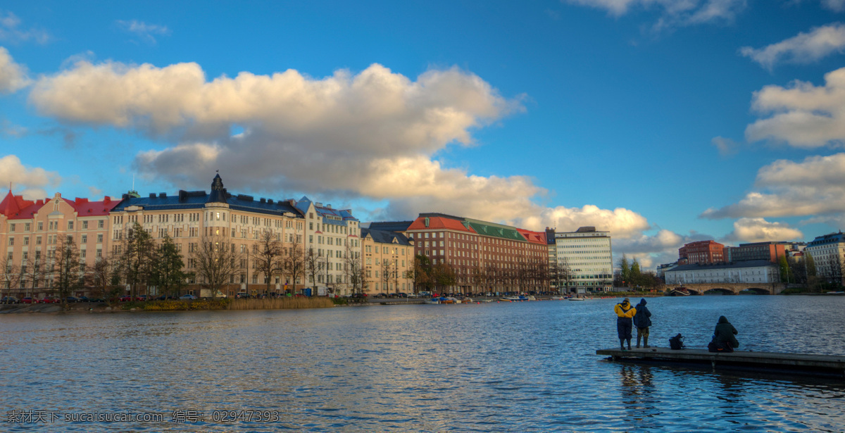 芬兰 赫尔辛基 房屋 河流 钓鱼 码 头城 码头 城市 自然风景 大自然 蓝天 白云 天空 自然景观