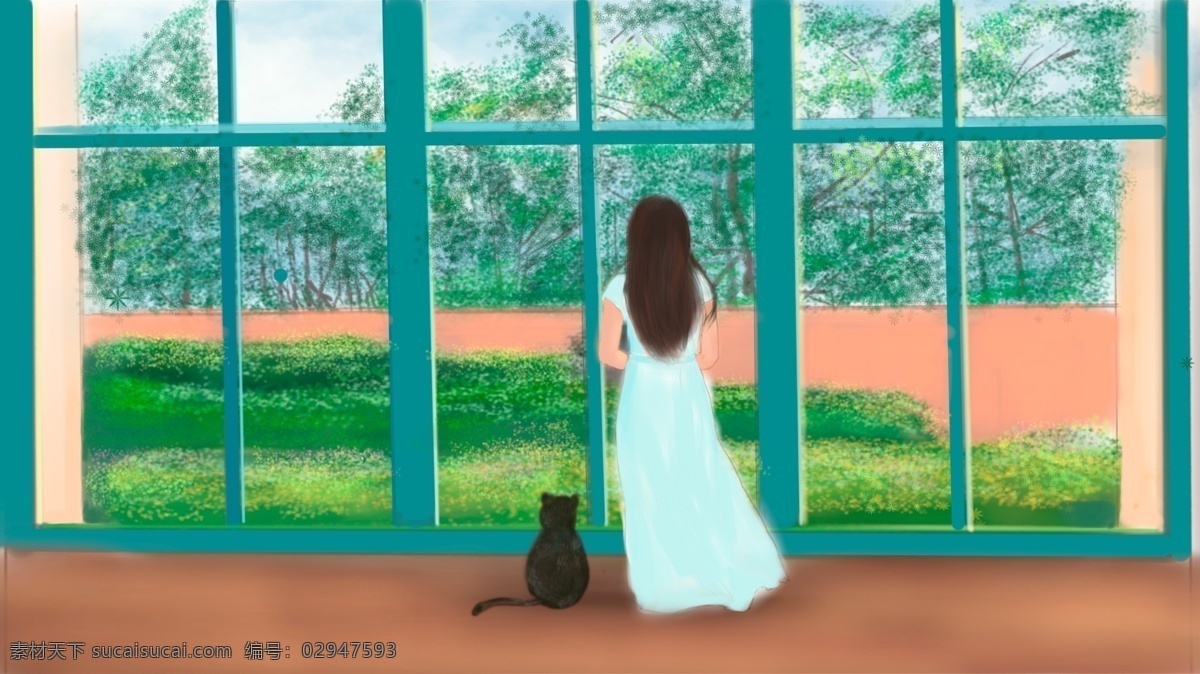 清新 秋分 立秋 插画 窗外 风景 窗户 草地 树林 看风景的人