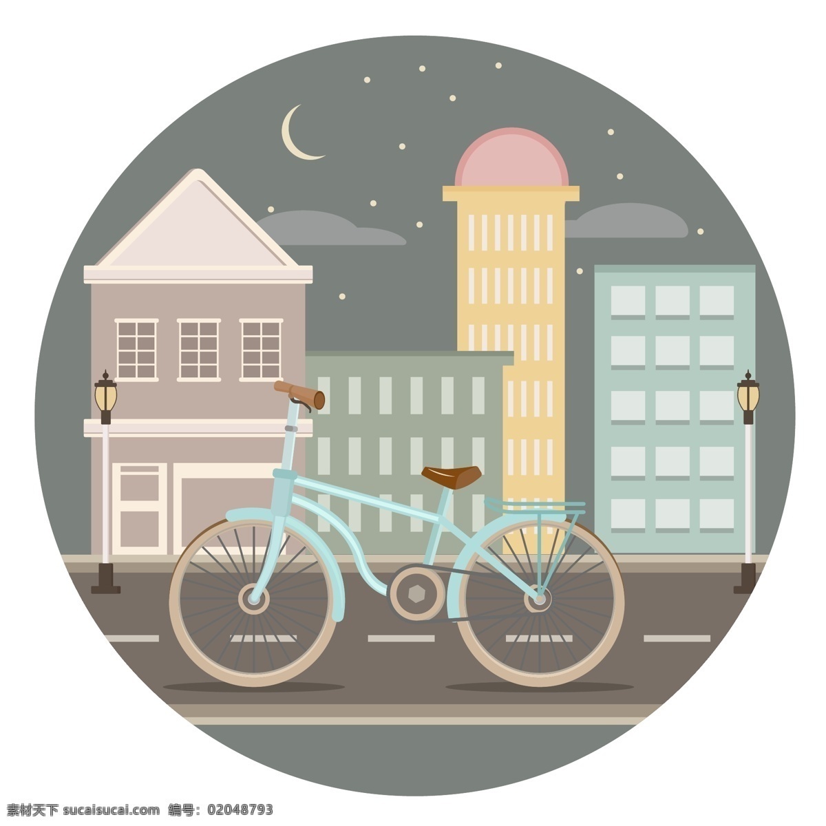 交通工具 城市 自行车 夜晚 矢量 夜景 卡通