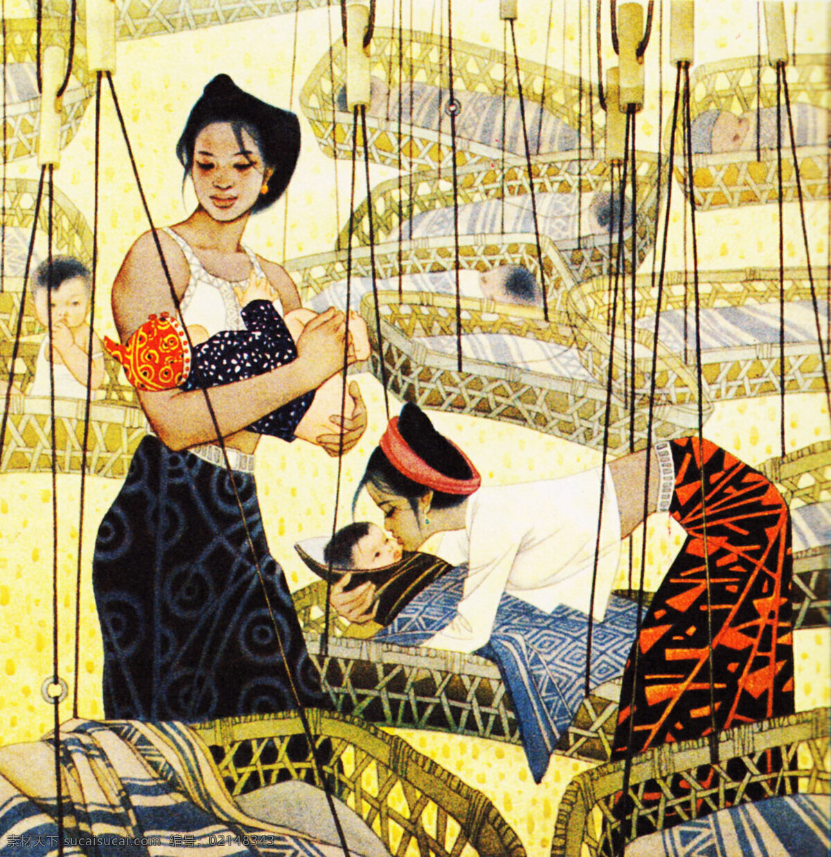 表情 彩墨画 动作 服装 国画艺术 绘画 绘画书法 美术 摇篮曲 中国画 人物画 女人 母亲 婴孩 姿势 摇篮 书法 印章 国画集34 文化艺术 装饰素材 雕刻 图案