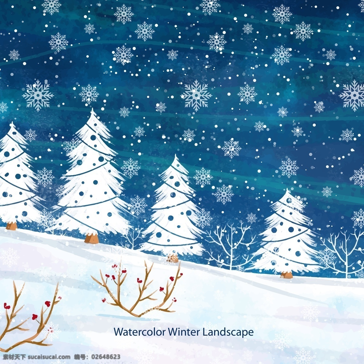 冬天 里 树林 插画 风景 树木 松树 下雪 雪花 雪景