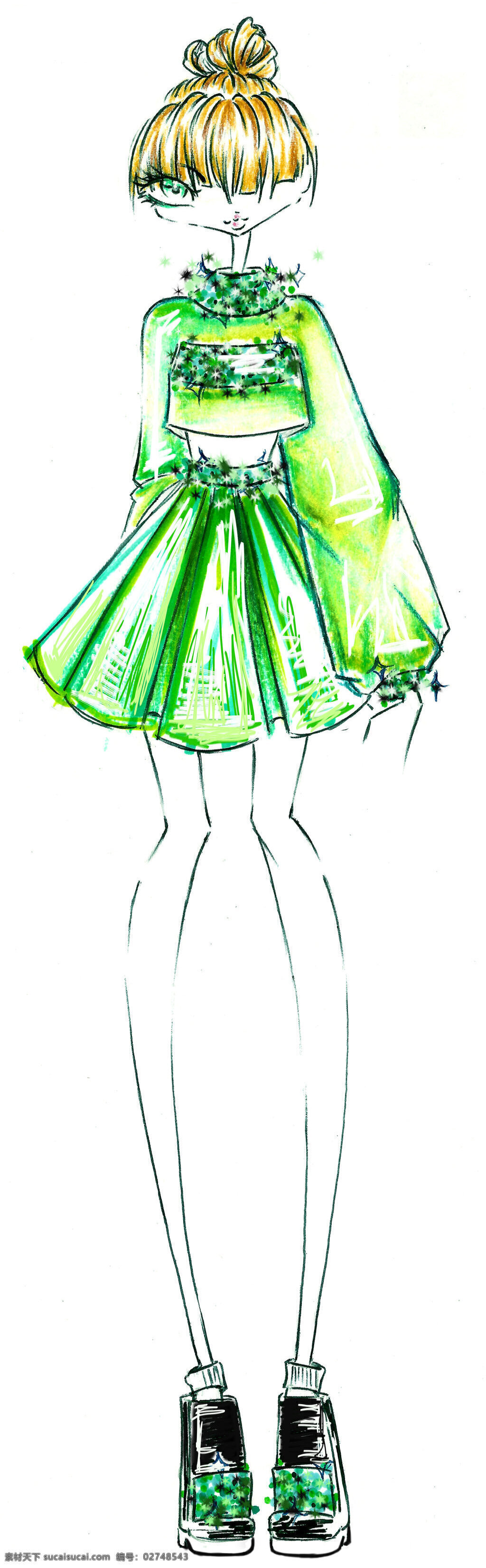 绿色 蓬 裙 设计图 服装设计 时尚女装 职业女装 职业装 女装设计 效果图 短裙 衬衫 服装 服装效果图 蓬蓬裙