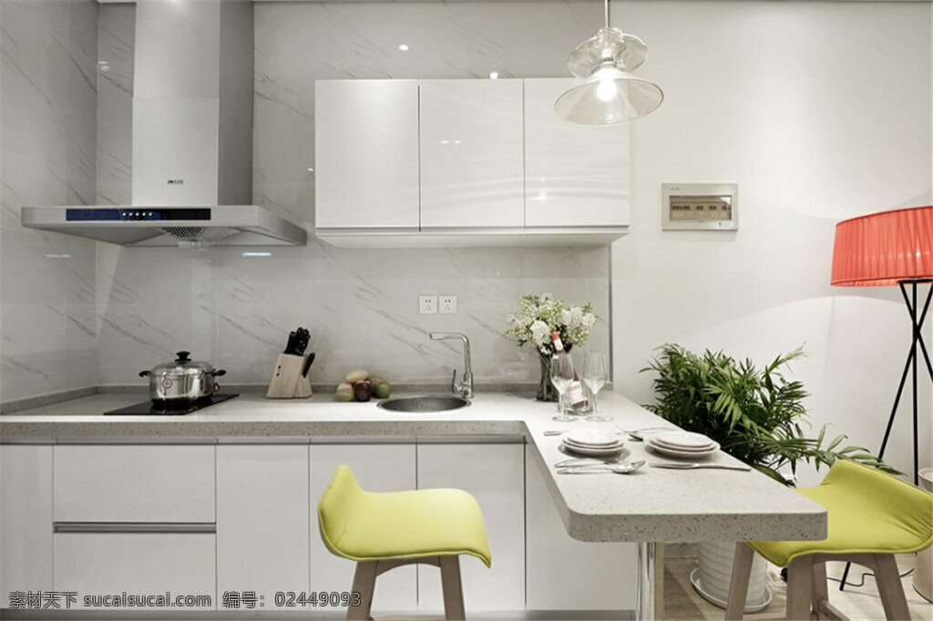 简约 开放式 厨房 米色 橱柜 装修 效果图 白色吊柜 白色射灯 窗户 开放式厨房 米色地板砖 灶具