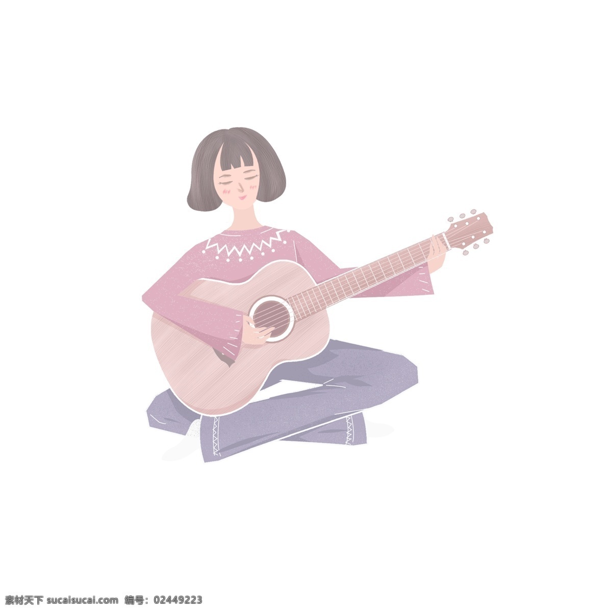 扁平化 清新 弹 吉他 女孩 商用 元素 可爱 卡通 少女 弹吉他 文艺女生