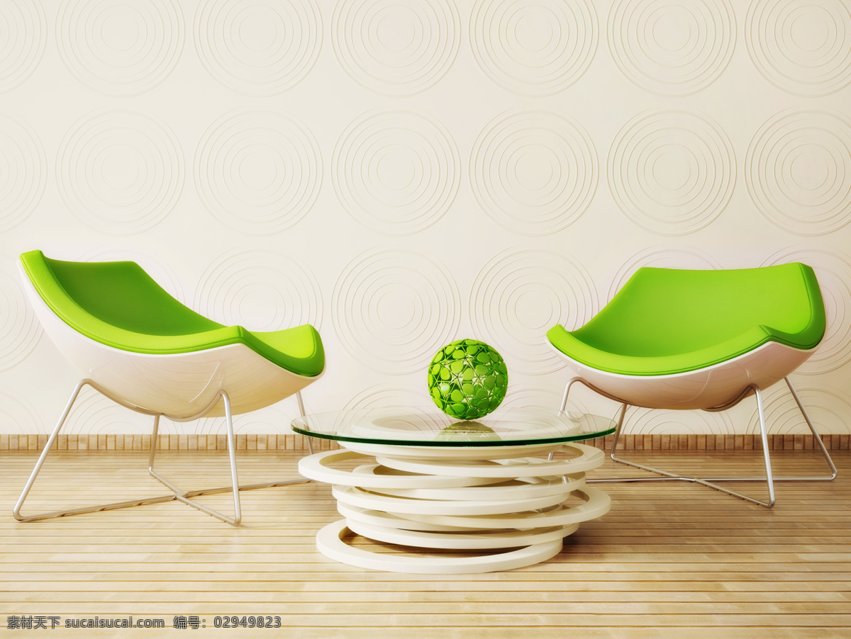绿色 沙发椅 茶几 摆设 家具 装饰 效果 绿色沙发椅 圆形茶几 绿色植物球 装饰图