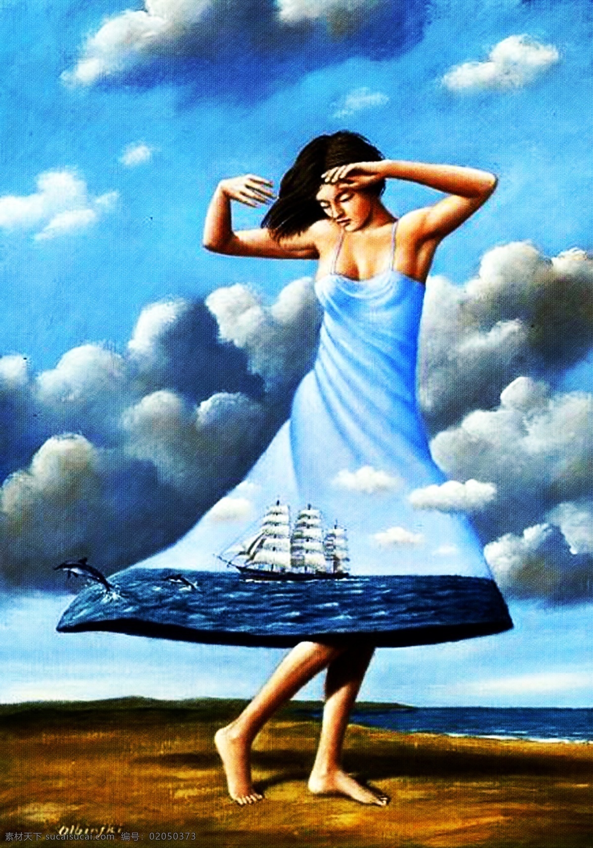 创意人物画 创意 人物 天空 海洋 帆船 蓝色