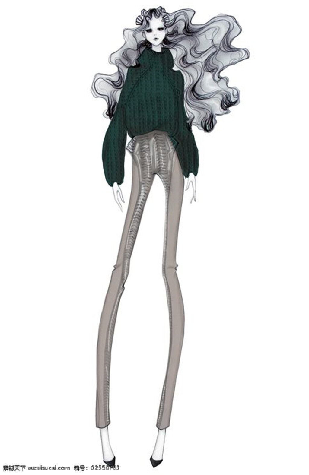 简约 时尚 深绿色 毛衣 女装 效果图 服装设计 服装效果图 高腰裤
