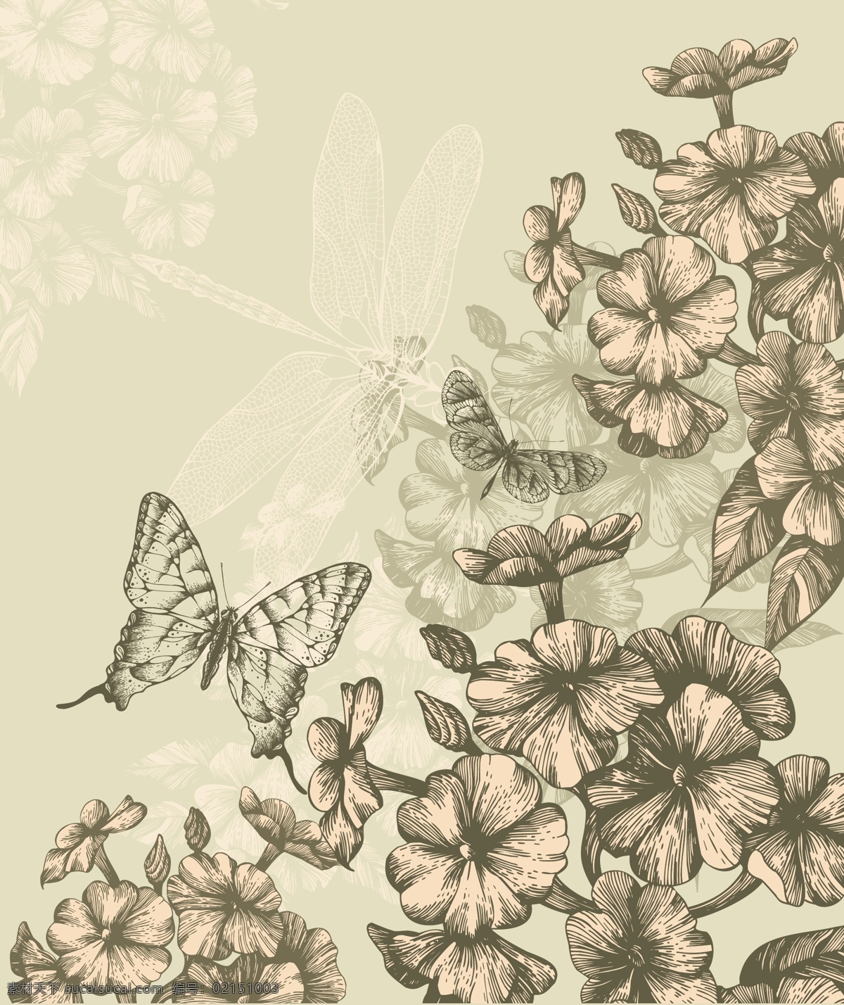 手绘 版画 图案 矢量 背景 底纹 蝴蝶 花朵 模板 蜻蜓 设计稿 素材元素 源文件 矢量图