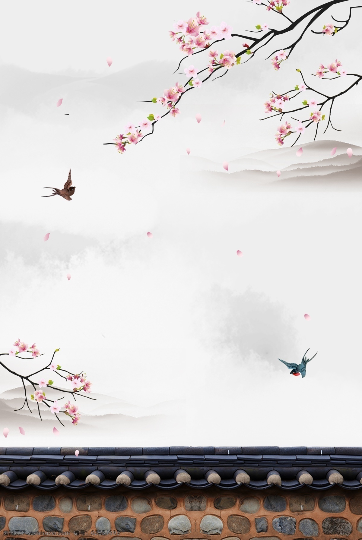 中国 风 水墨 春天 海报 背景 中国风 古建筑 立春 燕子 树枝 花朵