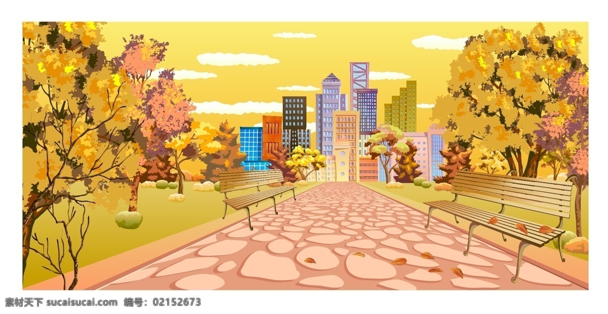金秋 美景 矢量 插画 白云 儿童卡通插画 高楼大厦 花草树木 花花草草 金黄色 矢量图 自然风景 自然景观 矢量美景插画 金秋风景 其他矢量图